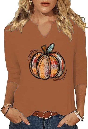 3/4 Sleeve V Neck Fall Shirts for Women Pumpkin Cute Ghost Graphic Casual Blouse Halloween Tee Thanksgiving Tops