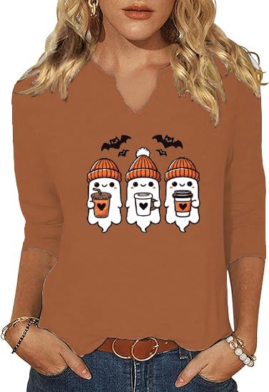 3/4 Sleeve V Neck Fall Shirts for Women Pumpkin Cute Ghost Graphic Casual Blouse Halloween Tee Thanksgiving Tops