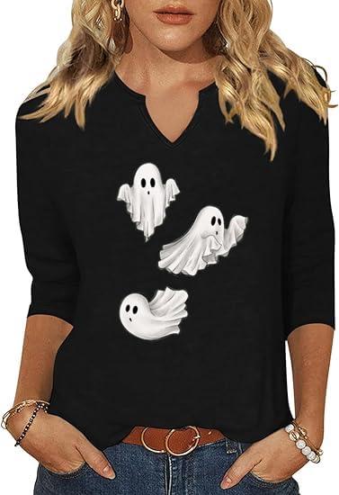 3/4 Sleeve V Neck Fall Shirts for Women Pumpkin Cute Ghost Graphic Casual Blouse Halloween Tee Thanksgiving Tops