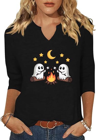 3/4 Sleeve V Neck Fall Shirts for Women Pumpkin Cute Ghost Graphic Casual Blouse Halloween Tee Thanksgiving Tops