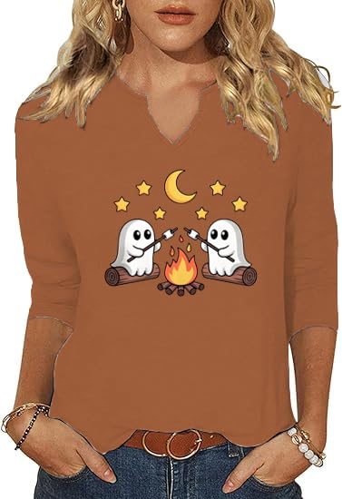 3/4 Sleeve V Neck Fall Shirts for Women Pumpkin Cute Ghost Graphic Casual Blouse Halloween Tee Thanksgiving Tops