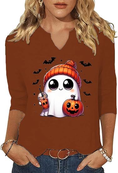 3/4 Sleeve V Neck Fall Shirts for Women Cute Ghost with Pumpkin Coffee Cartoon Graphic Blouse Casual Halloween Tops Tee