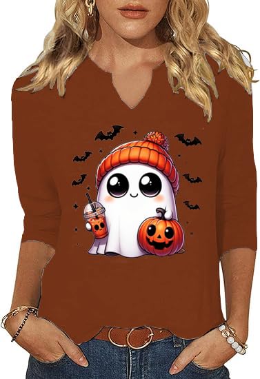 3/4 Sleeve V Neck Fall Shirts for Women Cute Ghost with Pumpkin Coffee Cartoon Graphic Blouse Casual Halloween Tops Tee