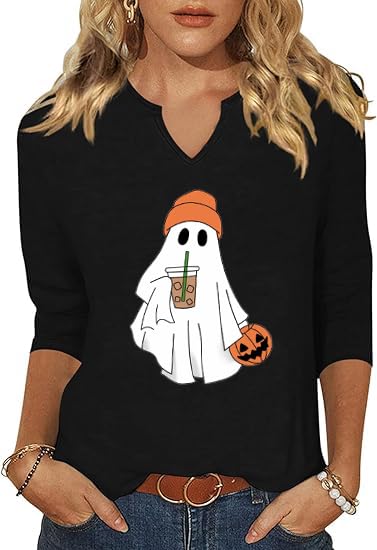3/4 Sleeve V Neck Fall Shirts for Women Cute Ghost with Pumpkin Coffee Cartoon Graphic Blouse Casual Halloween Tops Tee