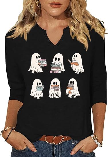 3/4 Sleeve V Neck Fall Shirts for Women Cute Ghost with Pumpkin Coffee Cartoon Graphic Blouse Casual Halloween Tops Tee