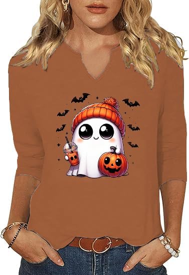 3/4 Sleeve V Neck Fall Shirts for Women Cute Ghost with Pumpkin Coffee Cartoon Graphic Blouse Casual Halloween Tops Tee