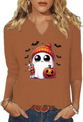 3/4 Sleeve V Neck Fall Shirts for Women Cute Ghost with Pumpkin Coffee Cartoon Graphic Blouse Casual Halloween Tops Tee