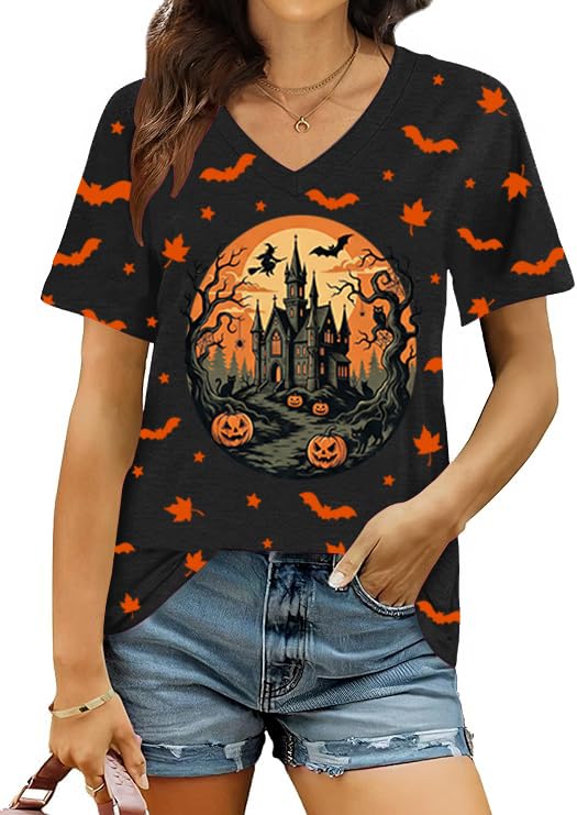 Halloween V Neck T Shirts Women Ghost Boo Pumpkin Tee Holiday Party Tops