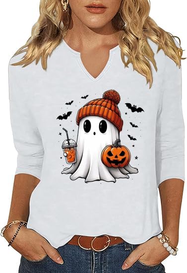 3/4 Sleeve V Neck Fall Shirts for Women Cute Ghost with Pumpkin Coffee Cartoon Graphic Blouse Casual Halloween Tops Tee