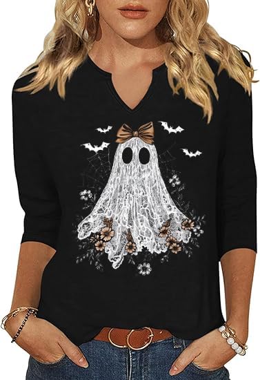 3/4 Sleeve V Neck Fall Shirts for Women Cute Ghost with Pumpkin Coffee Cartoon Graphic Blouse Casual Halloween Tops Tee