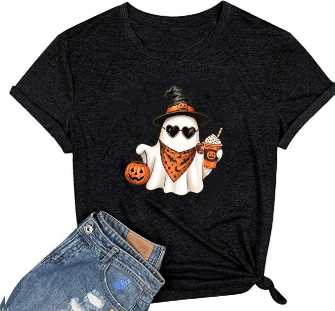 Halloween Shirts for Women Novelty Pumpkin Graphic Print Thanksgiving Fall Tee Tops