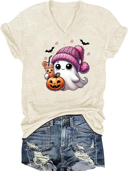 V Neck Fall Shirts for Women Cute Ghost with Coffee Pumpkin Graphic Casual Halloween Tee Thanksgiving Tops