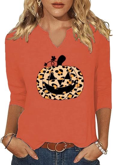 3/4 Sleeve V Neck Fall Shirts for Women Pumpkin Cute Ghost Graphic Casual Blouse Halloween Tee Thanksgiving Tops