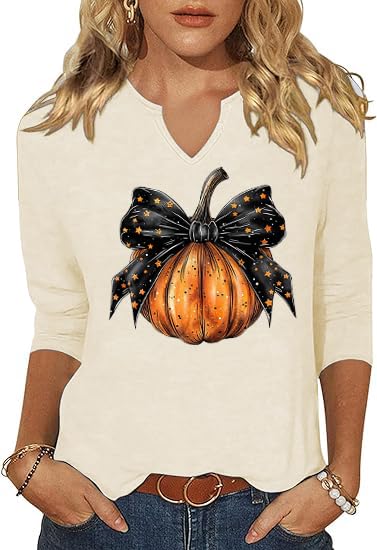3/4 Sleeve V Neck Fall Shirts for Women Pumpkin Cute Ghost Graphic Casual Blouse Halloween Tee Thanksgiving Tops