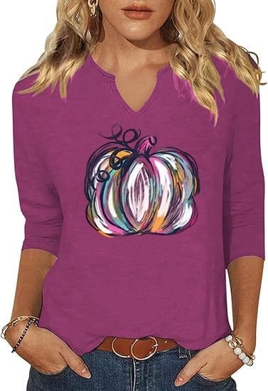 3/4 Sleeve V Neck Fall Shirts for Women Pumpkin Cute Ghost Graphic Casual Blouse Halloween Tee Thanksgiving Tops