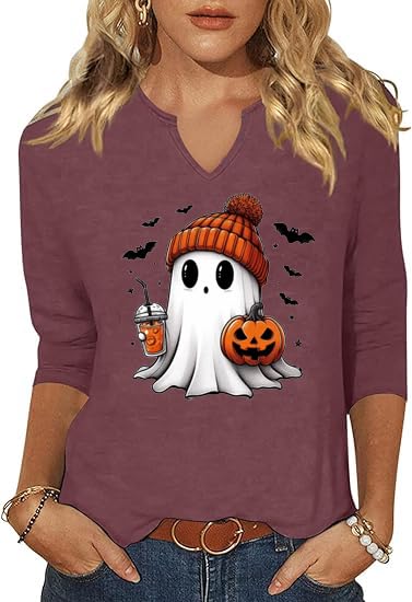 3/4 Sleeve V Neck Fall Shirts for Women Cute Ghost with Pumpkin Coffee Cartoon Graphic Blouse Casual Halloween Tops Tee