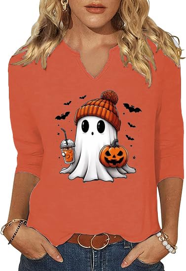 3/4 Sleeve V Neck Fall Shirts for Women Cute Ghost with Pumpkin Coffee Cartoon Graphic Blouse Casual Halloween Tops Tee
