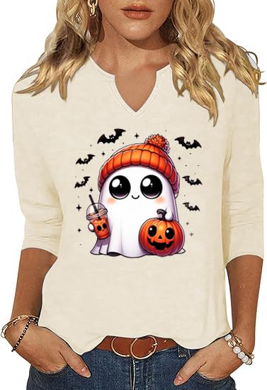 3/4 Sleeve V Neck Fall Shirts for Women Cute Ghost with Pumpkin Coffee Cartoon Graphic Blouse Casual Halloween Tops Tee