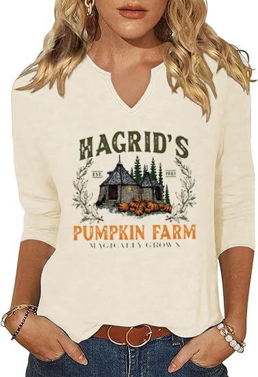 3/4 Sleeve V Neck Fall Shirts for Women Pumpkin Cute Ghost Graphic Casual Blouse Halloween Tee Thanksgiving Tops