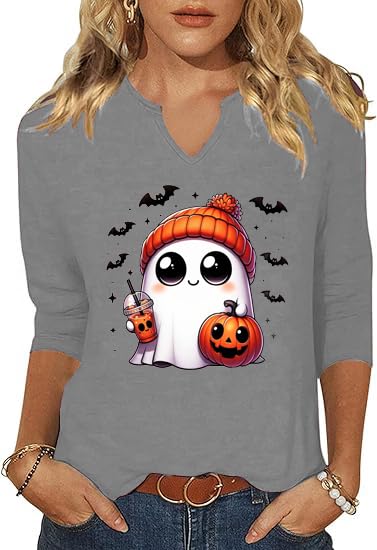 3/4 Sleeve V Neck Fall Shirts for Women Cute Ghost with Pumpkin Coffee Cartoon Graphic Blouse Casual Halloween Tops Tee