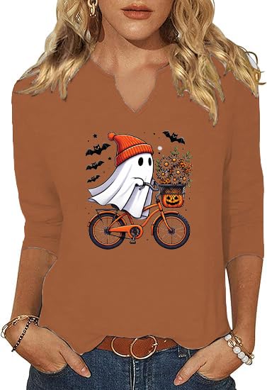 3/4 Sleeve V Neck Fall Shirts for Women Cute Ghost with Pumpkin Coffee Cartoon Graphic Blouse Casual Halloween Tops Tee