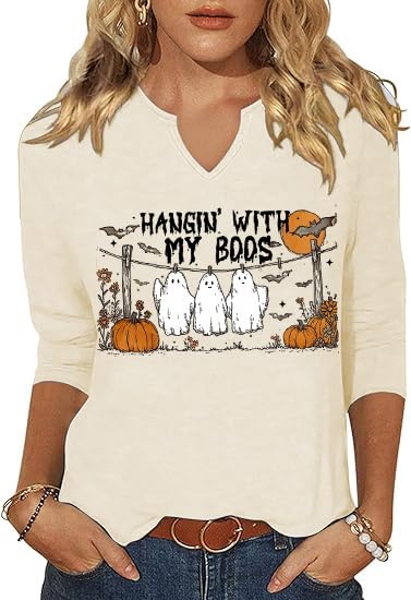 3/4 Sleeve V Neck Fall Shirts for Women Pumpkin Cute Ghost Graphic Casual Blouse Halloween Tee Thanksgiving Tops