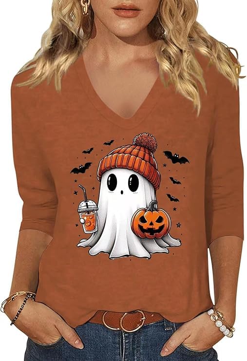 Womens Fall Halloween 3/4 Sleeve V Neck Shirts