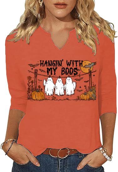 3/4 Sleeve V Neck Fall Shirts for Women Pumpkin Cute Ghost Graphic Casual Blouse Halloween Tee Thanksgiving Tops