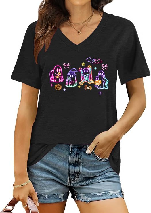 Halloween V Neck T Shirts Women Ghost Boo Pumpkin Tee Holiday Party Tops