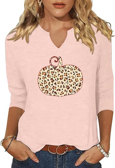 3/4 Sleeve V Neck Fall Shirts for Women Pumpkin Cute Ghost Graphic Casual Blouse Halloween Tee Thanksgiving Tops