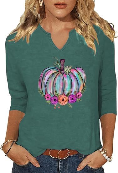 3/4 Sleeve V Neck Fall Shirts for Women Pumpkin Cute Ghost Graphic Casual Blouse Halloween Tee Thanksgiving Tops