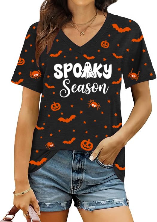 Halloween V Neck T Shirts Women Ghost Boo Pumpkin Tee Holiday Party Tops