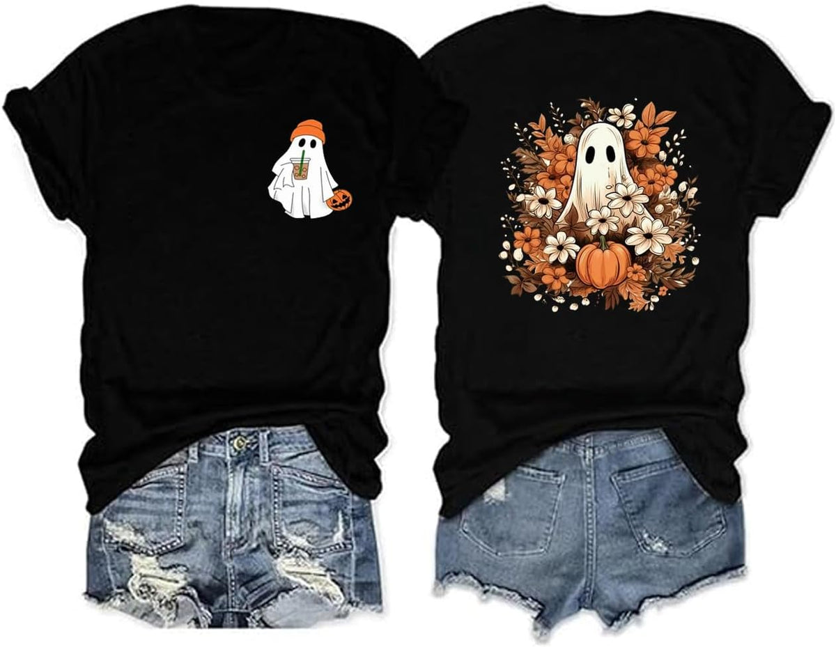 Fall Shirts for Women Halloween Town Bat Ghost Witch Vampire Pumpkin Graphic Front Back Printing Tops Shirts