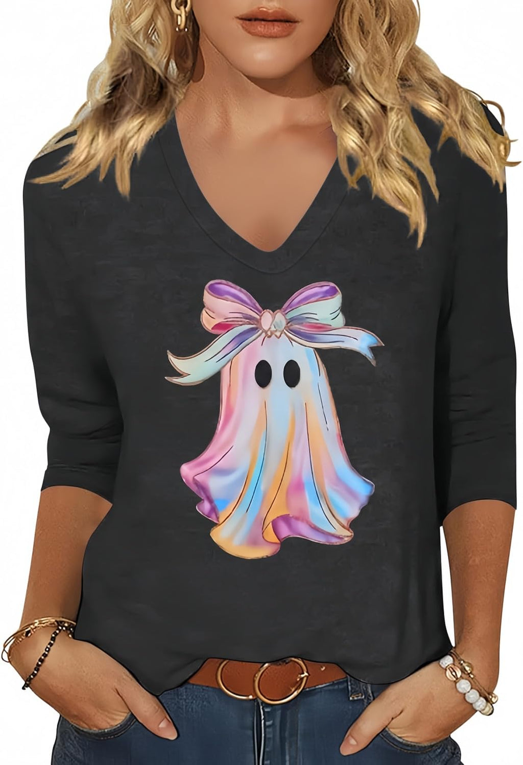 Womens Fall Halloween 3/4 Sleeve V Neck Shirts