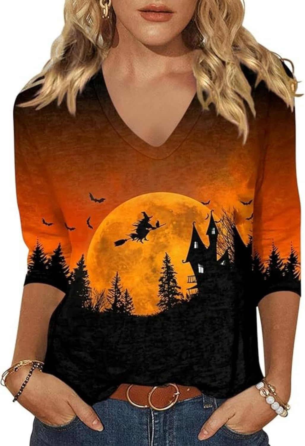 Womens Fall Halloween 3/4 Sleeve V Neck Shirts