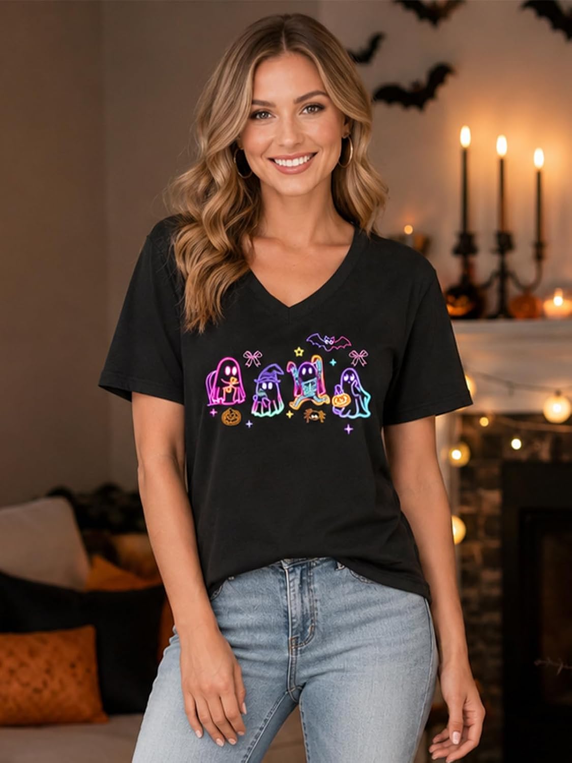 Halloween V Neck T Shirts Women Ghost Boo Pumpkin Tee Holiday Party Tops
