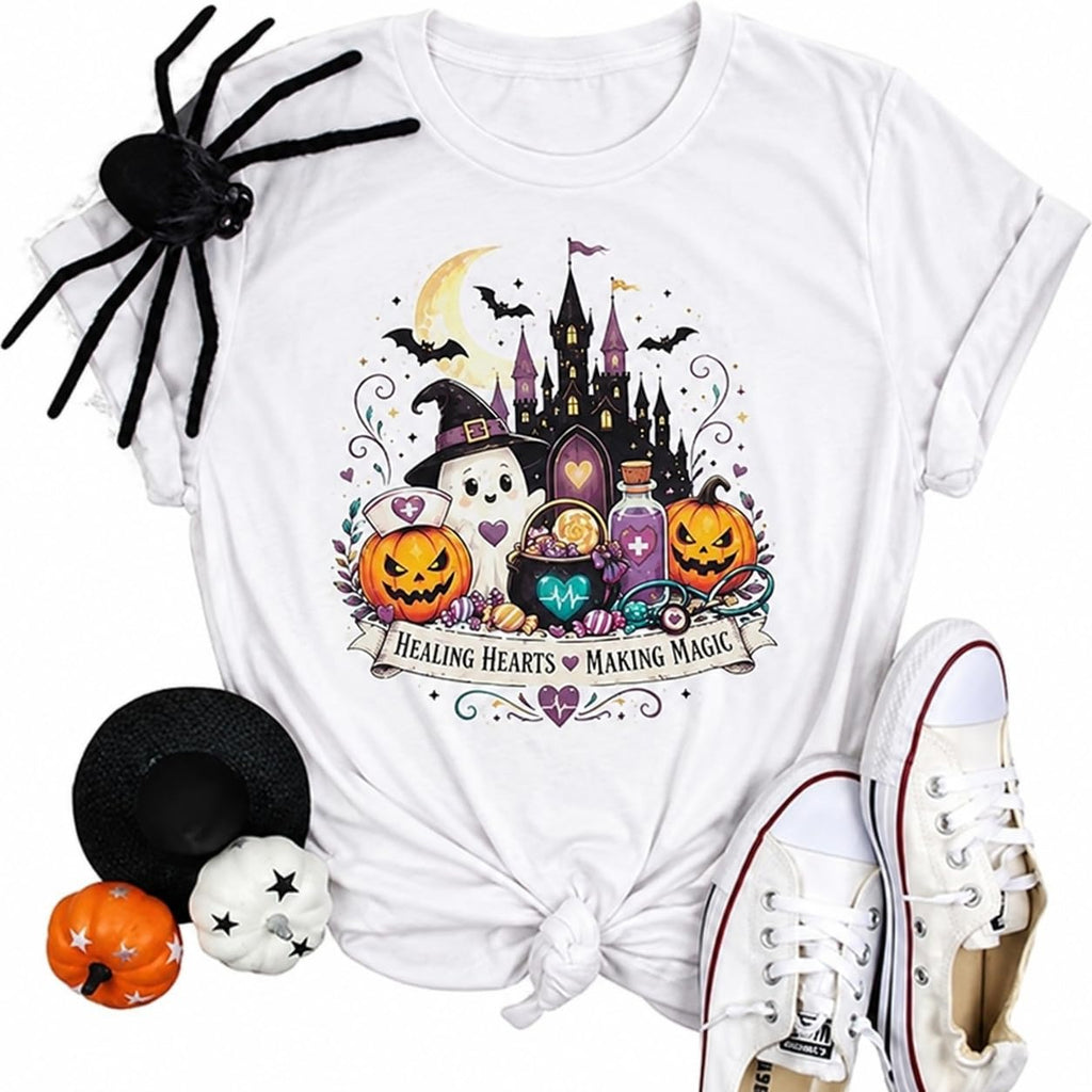 Halloween Nurse Shirts for Women Funny Ghost Nurse Printed Cute Shirts Funny Spooky Halloween Party Short Sleeve Tops