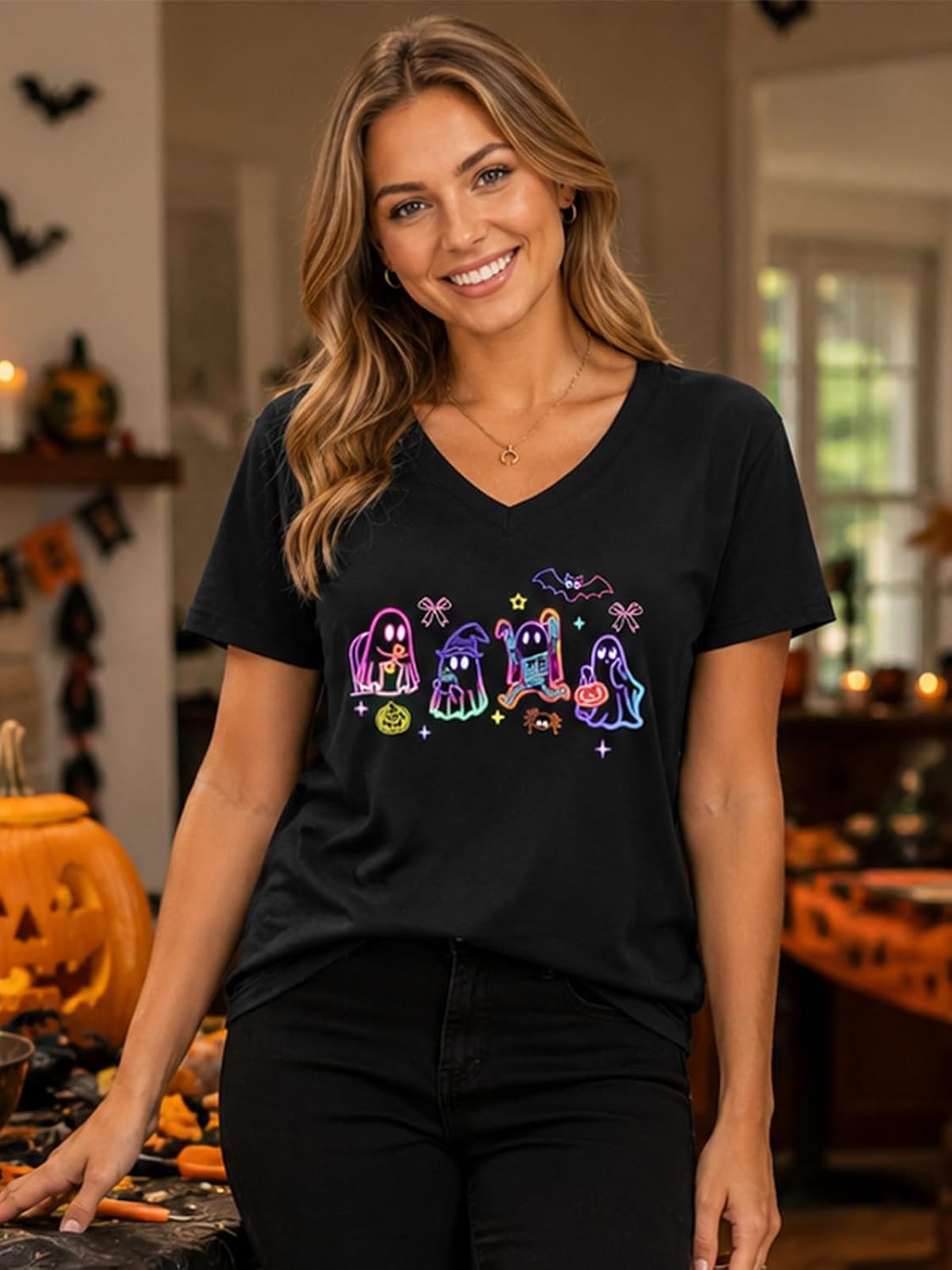 Halloween V Neck T Shirts Women Ghost Boo Pumpkin Tee Holiday Party Tops