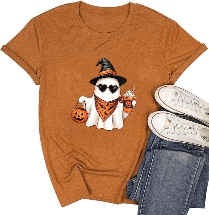 Halloween Shirts for Women Novelty Pumpkin Graphic Print Thanksgiving Fall Tee Tops