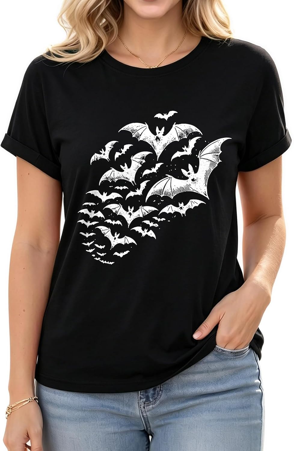 Women's Halloween Graphic T-Shirt Rolled Cuff Sleeve Tee