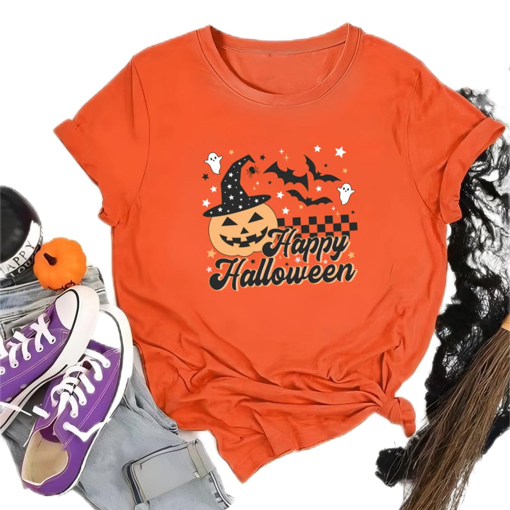 Halloween Shirts for Women Novelty Pumpkin Graphic Print Thanksgiving Fall Tee Tops