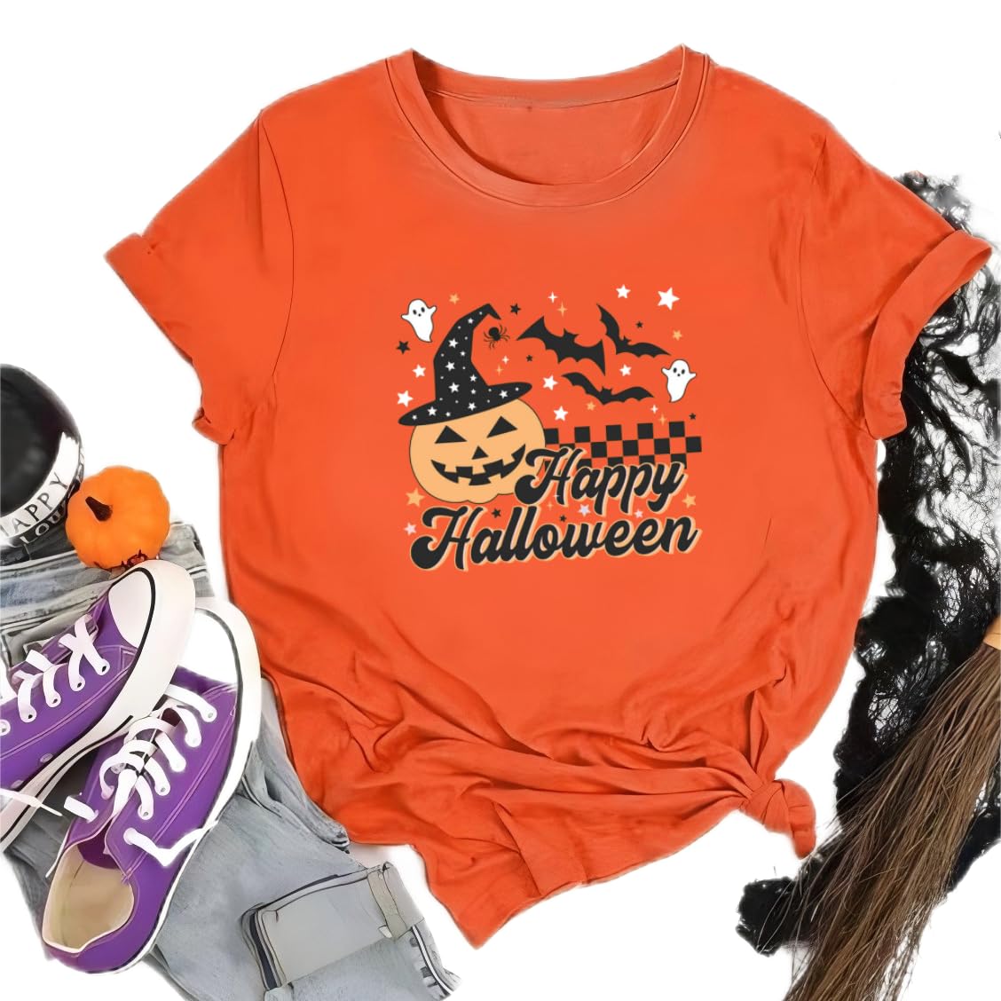 Halloween Shirts for Women Novelty Pumpkin Graphic Print Thanksgiving Fall Tee Tops