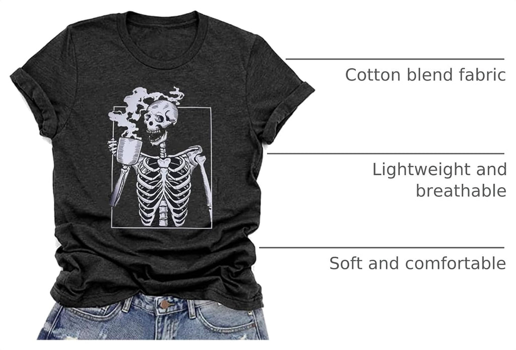 Hot Coffee Skeleton Shirt for Women Halloween Skeleton T-Shirt Funny Fall Skull Graphic Tees Tops Blouse Gift