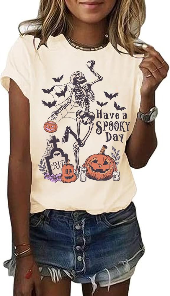 Women's Halloween Shirt Spooky Season Tee Thanksgiving Party T-Shirt