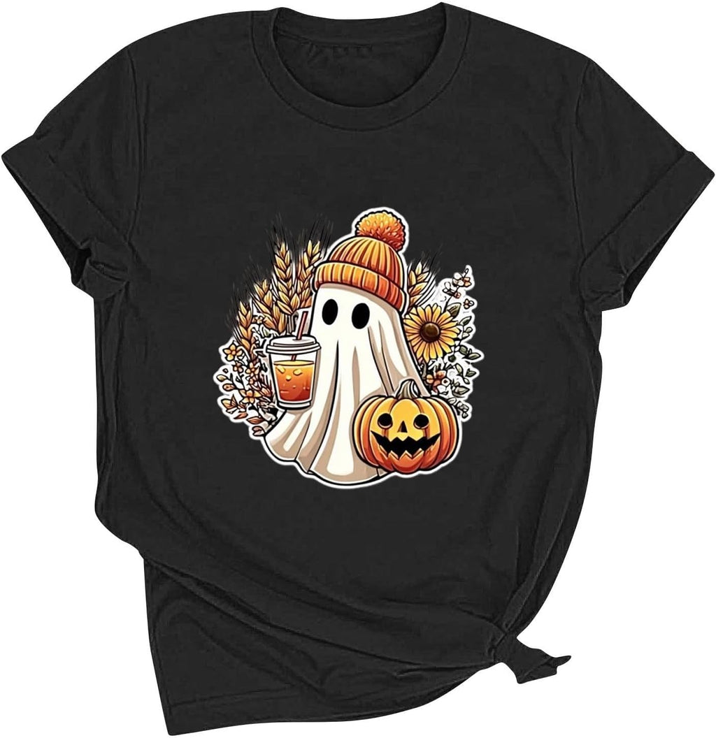 Women Retro Ghost Sunflower Pumpkin Crew Neck Short Sleeve Shirt