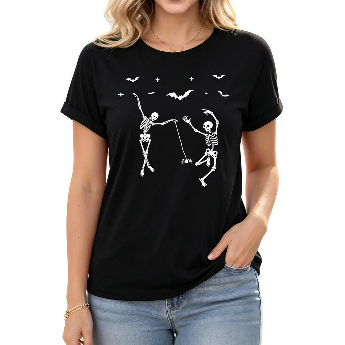 Women's Halloween Graphic T-Shirt Rolled Cuff Sleeve Tee