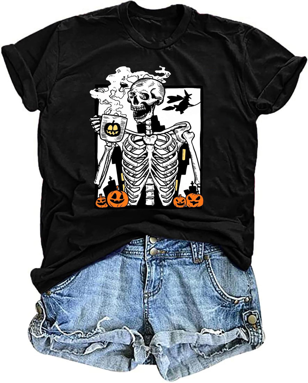 Hot Coffee Skeleton Shirt for Women Halloween Skeleton T-Shirt Funny Fall Skull Graphic Tees Tops Blouse Gift