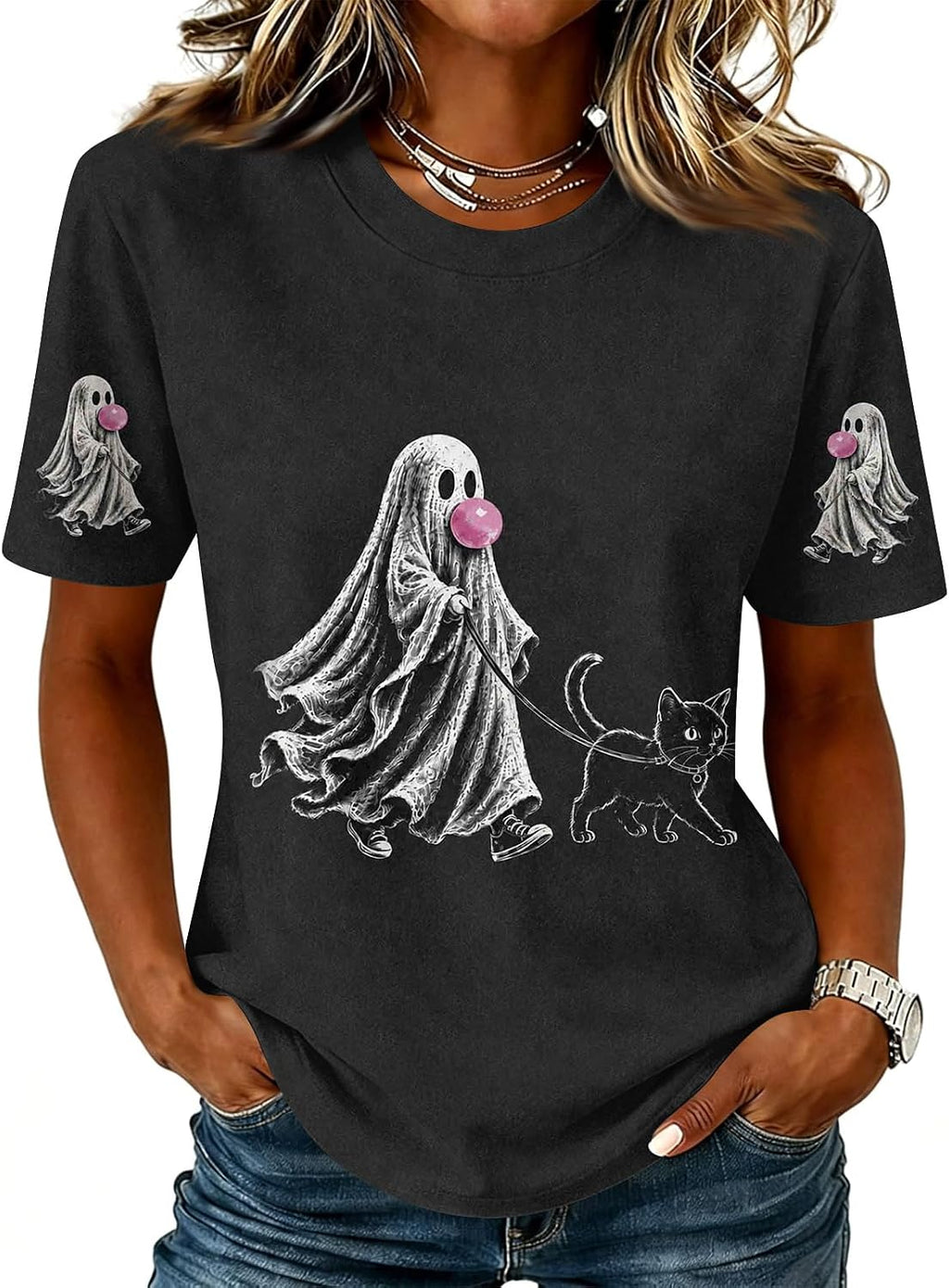 Cute Halloween Shirts for Women Crewneck Short Sleeve Witch Bat Pumpkin Boo
