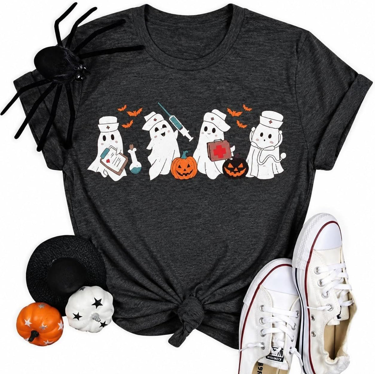 Halloween Nurse Shirts for Women Funny Ghost Nurse Printed Cute Shirts Funny Spooky Halloween Party Short Sleeve Tops
