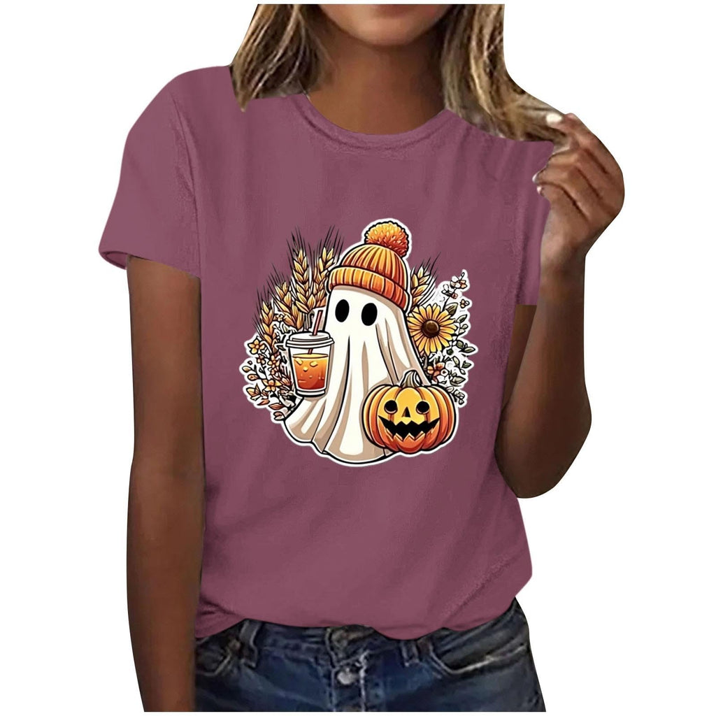 Women Retro Ghost Sunflower Pumpkin Crew Neck Short Sleeve Shirt